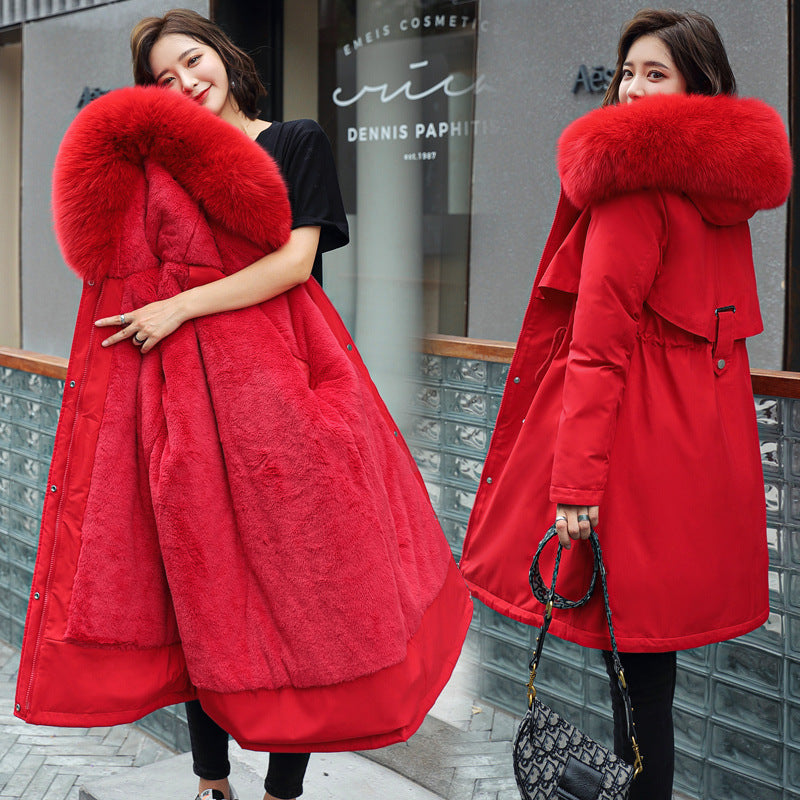 Korean version of long and medium length big fur collar with fleece jacket cotton jacket for women's fashion