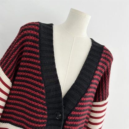 V-neck thick red striped knitted sweater with lazy style and loose cardigan jacket