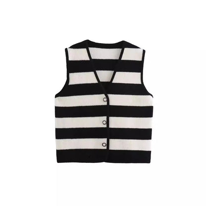 French style fashionable simple contrasting striped V-neck edging knitted vest