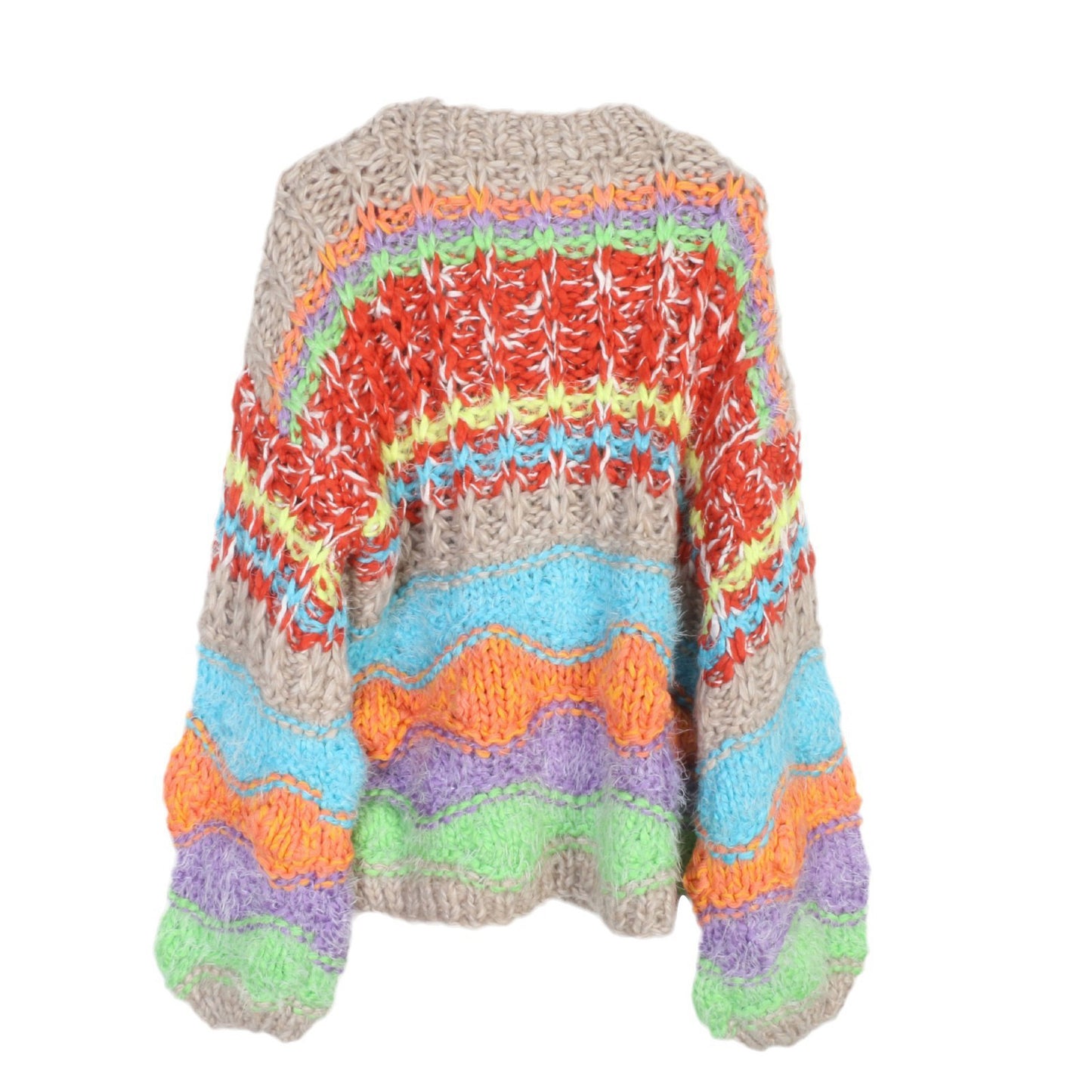 Autumn and winter sweater top, loose and lazy rainbow stripes, handmade thick rod needle V-neck knitted cardigan jacket for women, thick