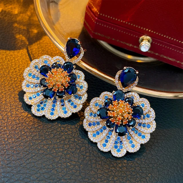 Zircon Blue Drop Earrings for Women Light Luxury Flower Pendant Earring Elegant Temperament Personality Jewelry Wedding Gift