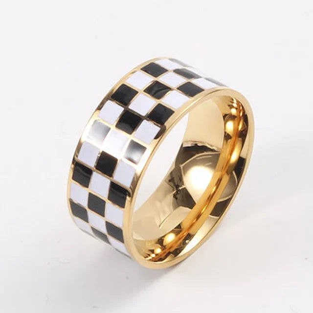 High End PVD Waterproof Simple Checkered Black And White Colorful Ring Trend For Women Stainless Steel Jewelry Wholesale