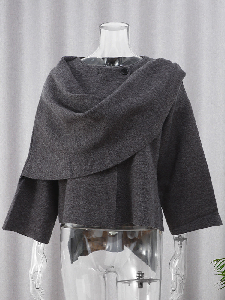 Asymmetric shawl scarf knitted sweater gray long sleeved cardigan