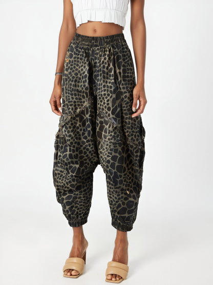 Leopard print jeans for women elastic waistband loose carrot harem and baggy pants