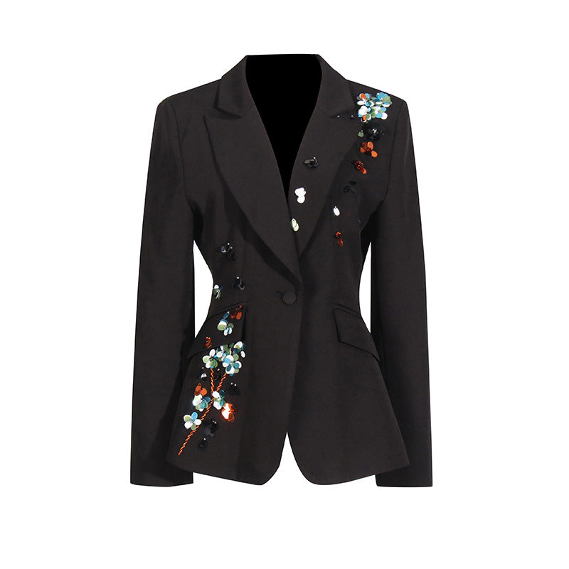 Elegant solid color slim fit deep V-neck sequined suit jacket