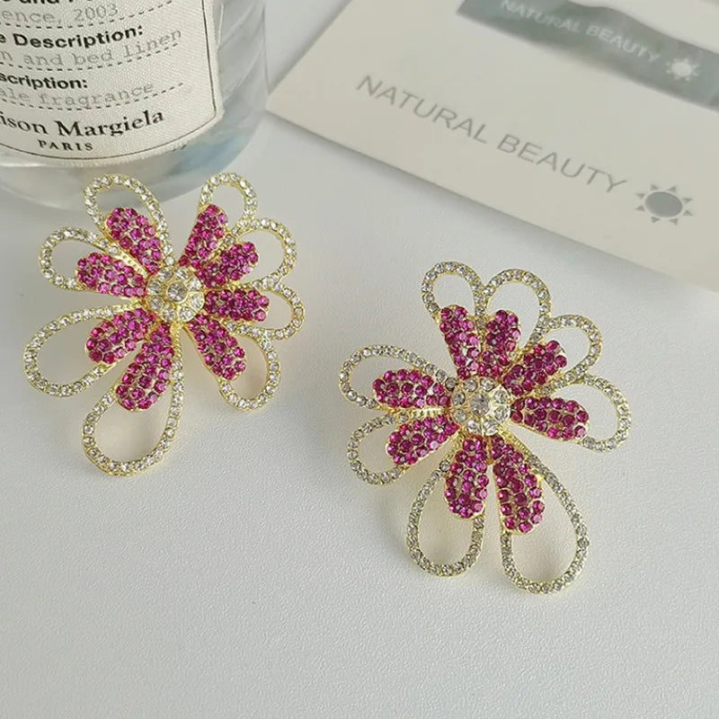 Pink Exaggerated Rhinestone Flower Hollow Metal Earrings for Women Girls Trend Design Wholesale Jewelry Gifts