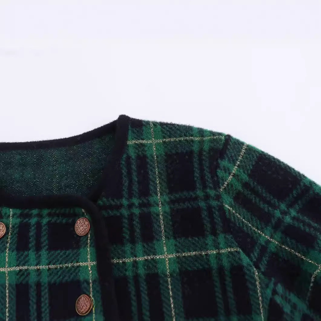 Green small fragrant style checkered double breasted knitted sweater jacket