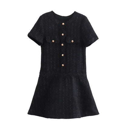 European and American round neck casual woolen button pocket decoration short sleeved dress short skirt for women