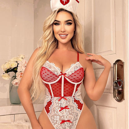 Sexy lingerie, shapewear, nurse's uniform, lace lace, bow, heart-shaped perspective sexy suit