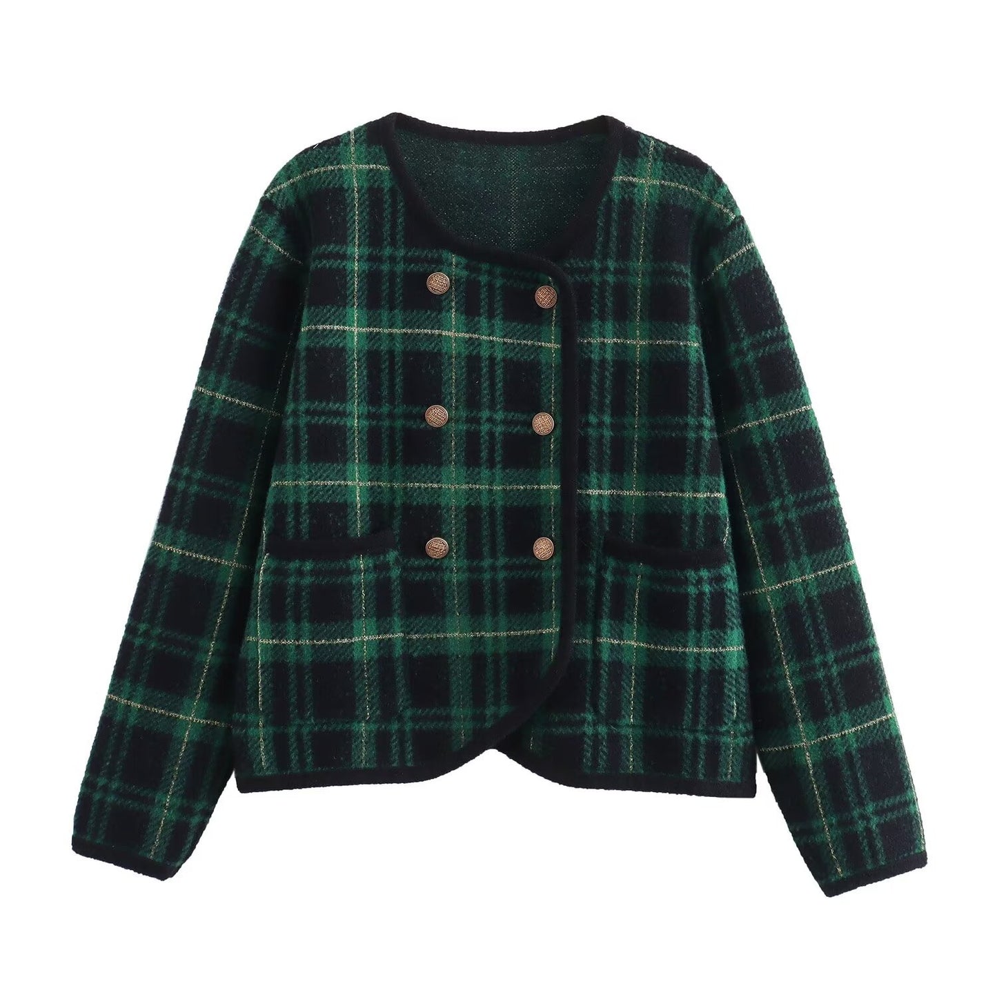 Green small fragrant style checkered double breasted knitted sweater jacket