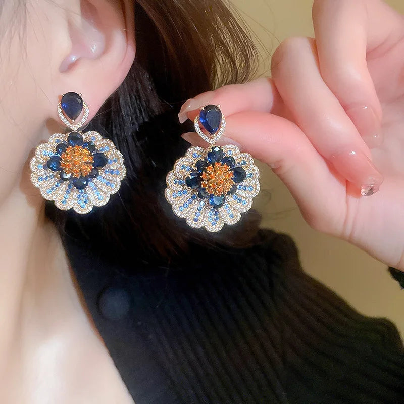 Zircon Blue Drop Earrings for Women Light Luxury Flower Pendant Earring Elegant Temperament Personality Jewelry Wedding Gift