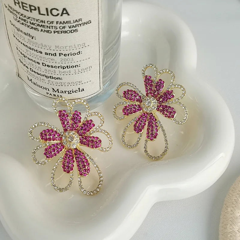 Pink Exaggerated Rhinestone Flower Hollow Metal Earrings for Women Girls Trend Design Wholesale Jewelry Gifts