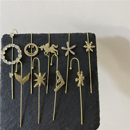 Unicorn Copper Micro inlaid with Haoshi Piercing Ear Needles Surrounding Ear Bones Diagonal Earrings