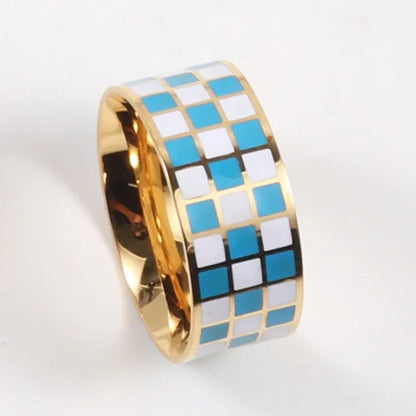 High End PVD Waterproof Simple Checkered Black And White Colorful Ring Trend For Women Stainless Steel Jewelry Wholesale