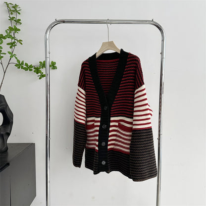 V-neck thick red striped knitted sweater with lazy style and loose cardigan jacket