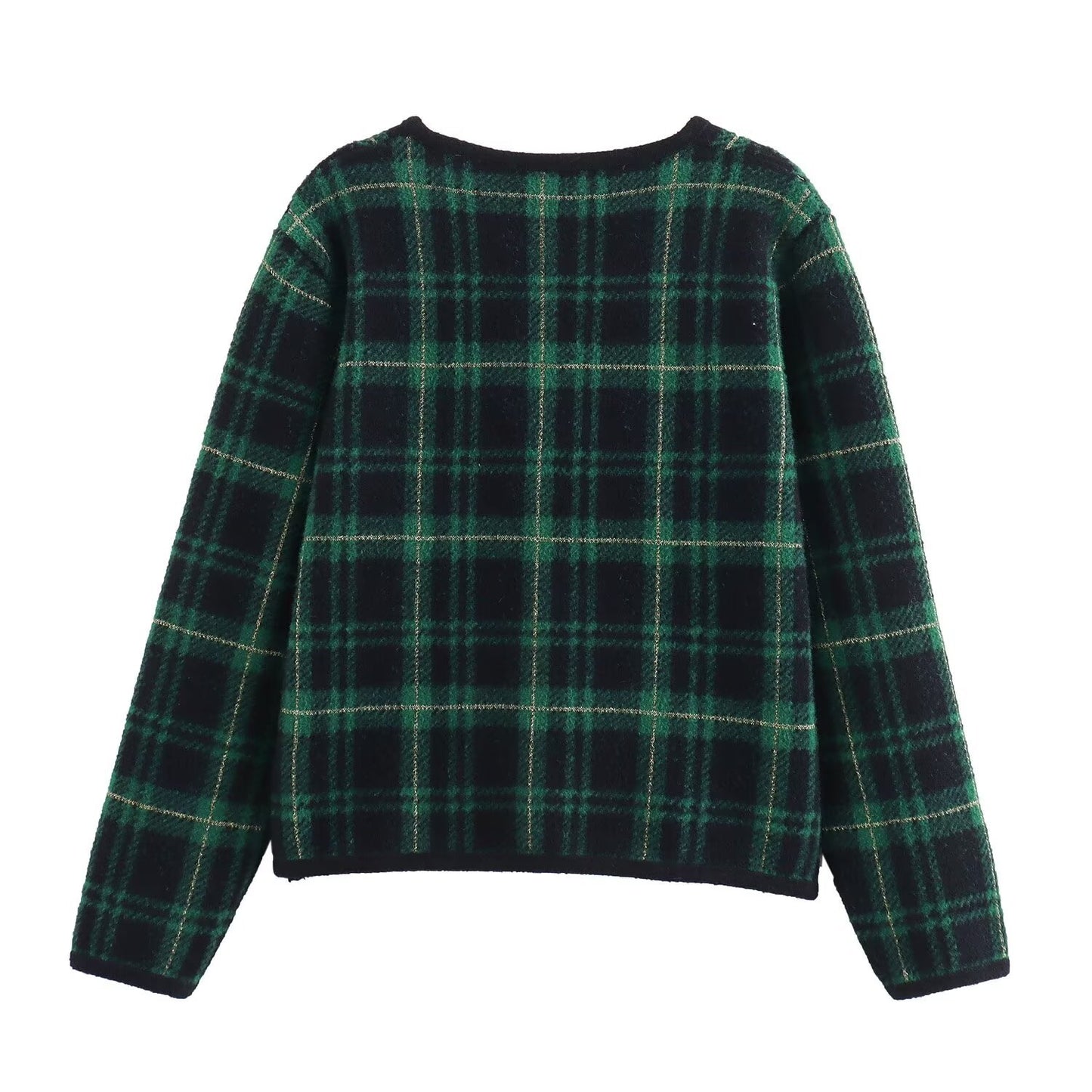 Green small fragrant style checkered double breasted knitted sweater jacket