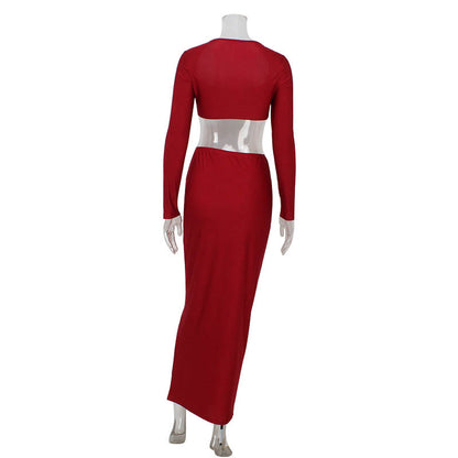 European and American long sleeved long skirt set, strapless short top, high waist, hip hugging skirt, sexy and spicy two-piece set