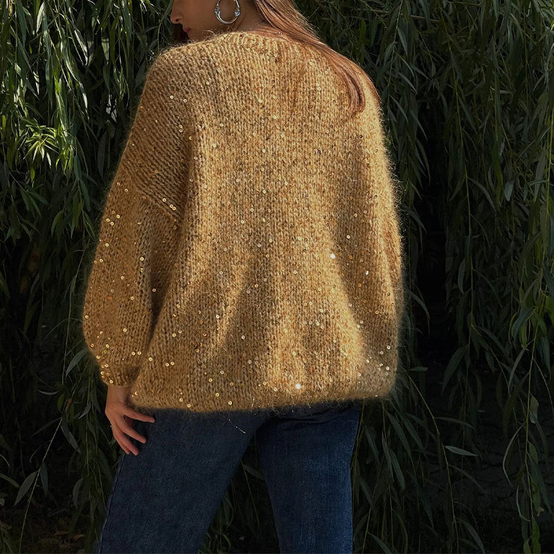 Fashionable sequined sweater, loose round neck lantern sleeve head, knitted sweater