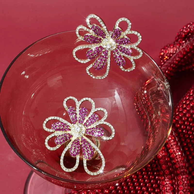 Pink Exaggerated Rhinestone Flower Hollow Metal Earrings for Women Girls Trend Design Wholesale Jewelry Gifts