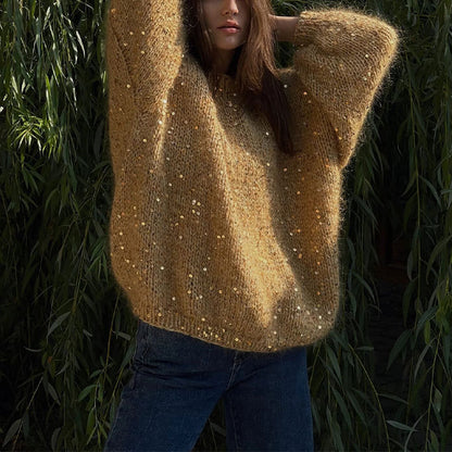 Fashionable sequined sweater, loose round neck lantern sleeve head, knitted sweater