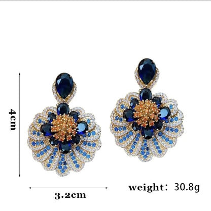 Zircon Blue Drop Earrings for Women Light Luxury Flower Pendant Earring Elegant Temperament Personality Jewelry Wedding Gift