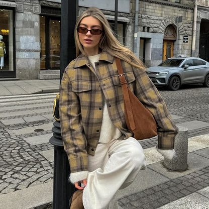 Checkered wool coat women's retro loose woolen coat