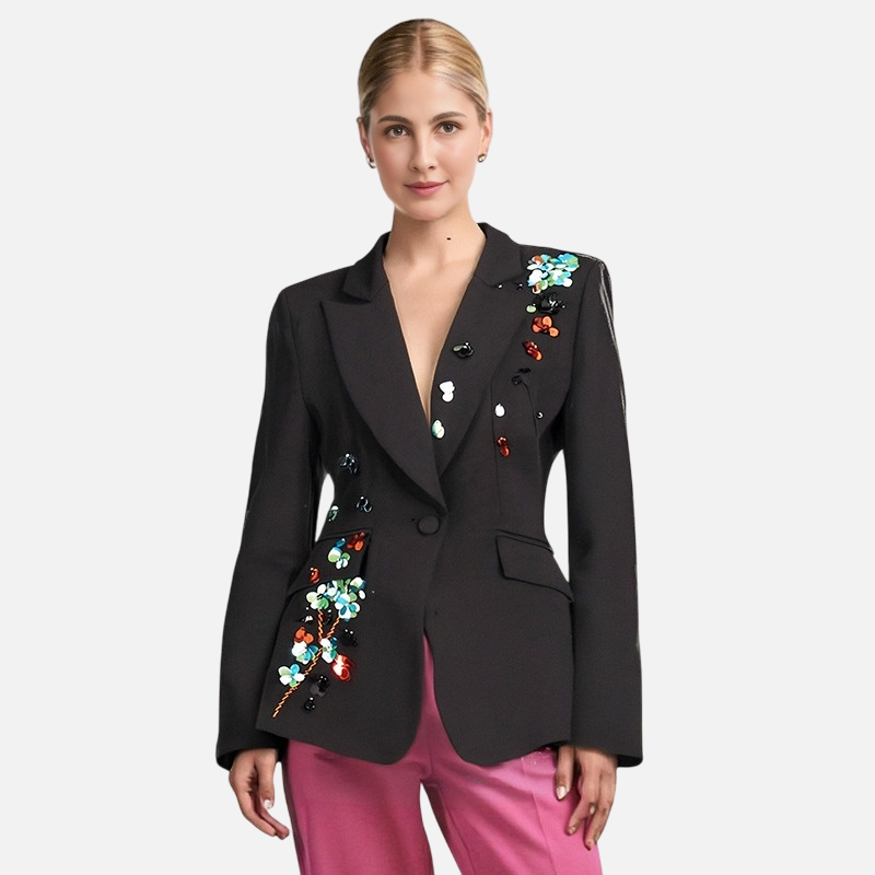 Elegant solid color slim fit deep V-neck sequined suit jacket