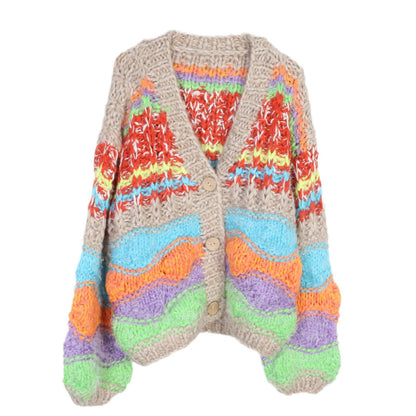 Autumn and winter sweater top, loose and lazy rainbow stripes, handmade thick rod needle V-neck knitted cardigan jacket for women, thick