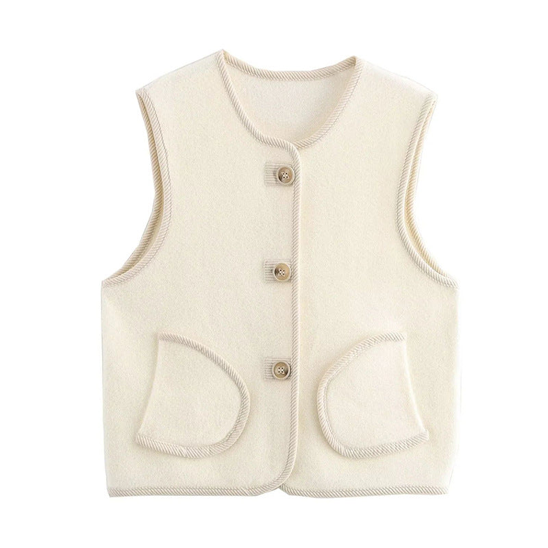 Korean loose fit sleeveless sleeveless trimmed pocket pearl fleece vest top