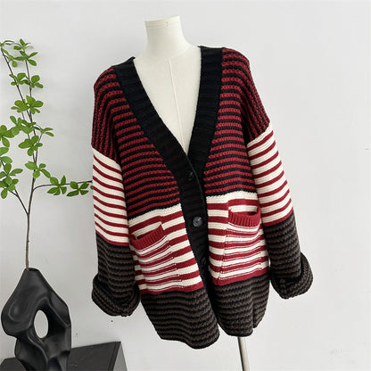 V-neck thick red striped knitted sweater with lazy style and loose cardigan jacket