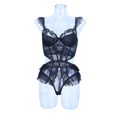 Mesh lace patchwork lace sexy perspective lingerie jumpsuit