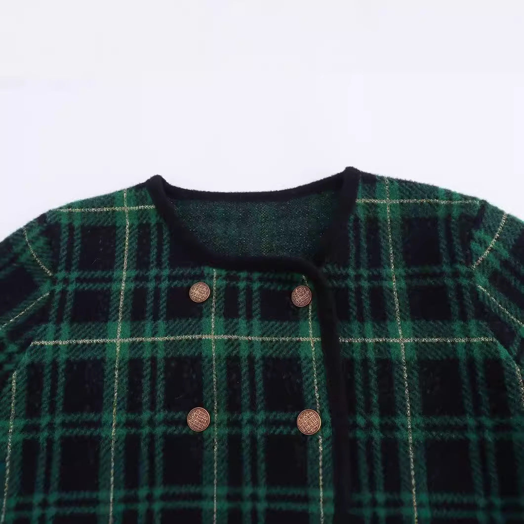 Green small fragrant style checkered double breasted knitted sweater jacket