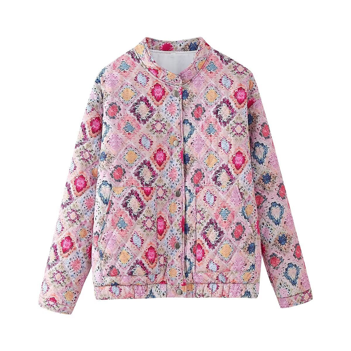 Women's street fashion stand up collar printed cotton jacket