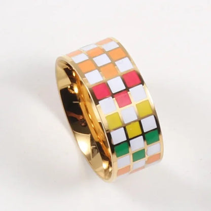 High End PVD Waterproof Simple Checkered Black And White Colorful Ring Trend For Women Stainless Steel Jewelry Wholesale