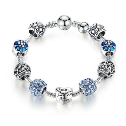 Silver Charm Bracelet & Bangle with Love and Flower Beads Women Wedding Jewelry