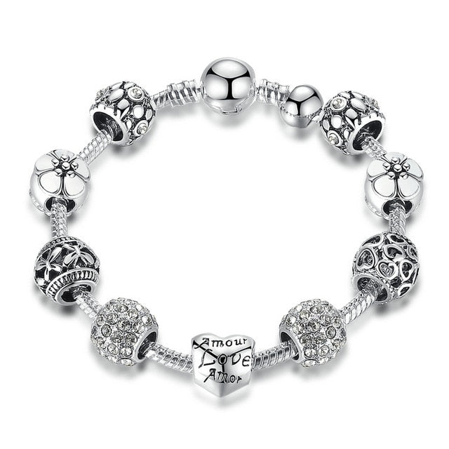 Silver Charm Bracelet & Bangle with Love and Flower Beads Women Wedding Jewelry