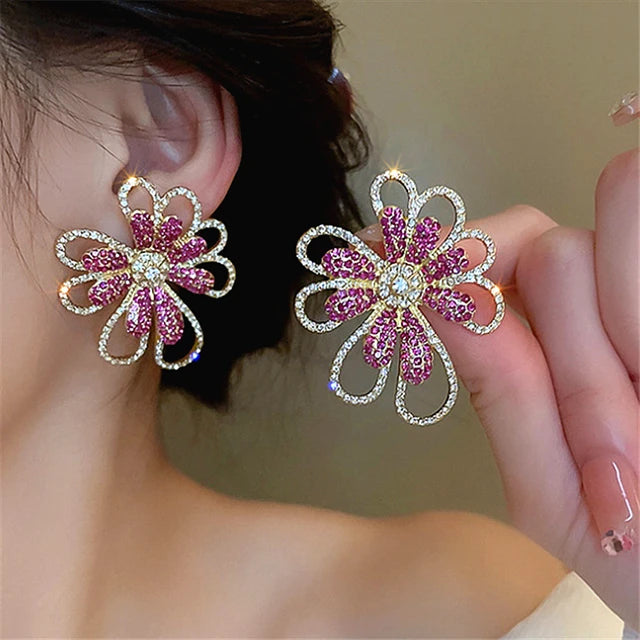 Pink Exaggerated Rhinestone Flower Hollow Metal Earrings for Women Girls Trend Design Wholesale Jewelry Gifts