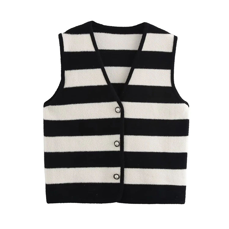 French style fashionable simple contrasting striped V-neck edging knitted vest