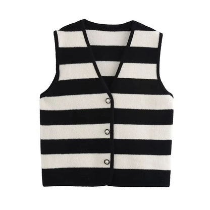 French style fashionable simple contrasting striped V-neck edging knitted vest