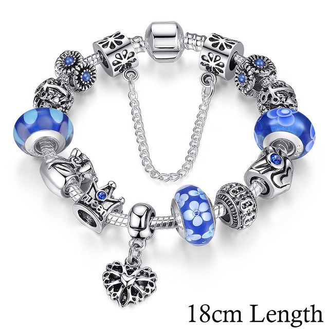 Jewelry Silver Charms Bracelet & Bangles With Queen Crown Beads Bracelet for Women