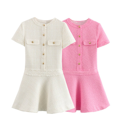 European and American round neck casual woolen button pocket decoration short sleeved dress short skirt for women