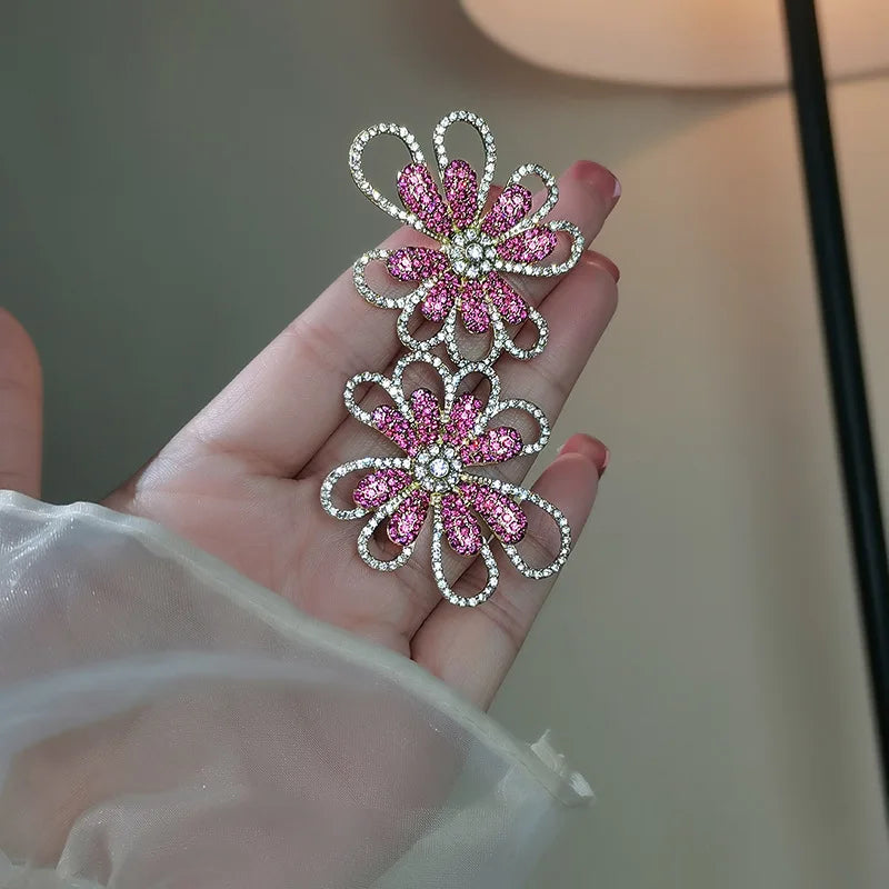 Pink Exaggerated Rhinestone Flower Hollow Metal Earrings for Women Girls Trend Design Wholesale Jewelry Gifts